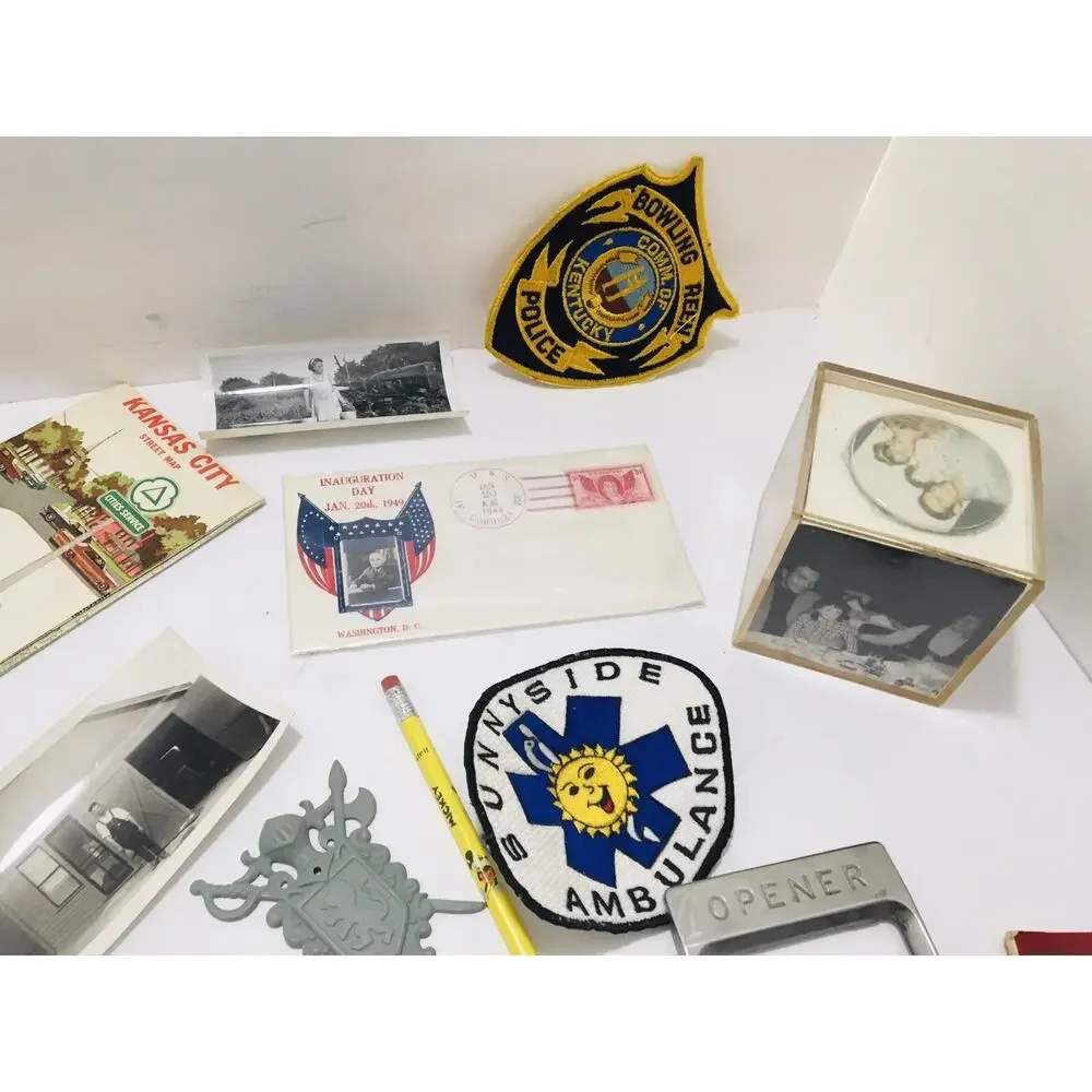 JUNK DRAWER LOT MAP OLD PHOTOS PINS PATCHES BUTTONS STAMPS SPOONS COIN CIVIL WAR